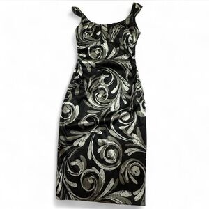 Maggy London Black and Silver Swirl Midi Dress